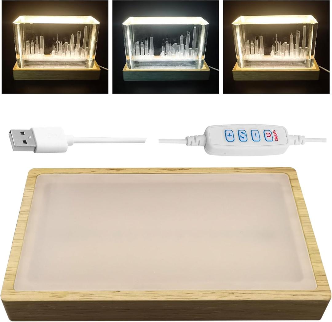Adjustable Crystal Light Display Base for Art Glass 5.9 inch, USB Powered Wood Rectangle LED Display Base Stand Pedestal for Crystal, Centerpieces,Trophies,Figurines (1 Pack)