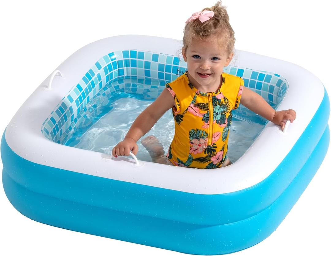 Baby Pool with Cushioned Floor, Grip Handles and Drain - Skin Safe Small Square Inflatable Kiddie Pool, Bathtub and Ball Pit, for Babies, Infants and Toddlers 1-3, 34" Summer Blue