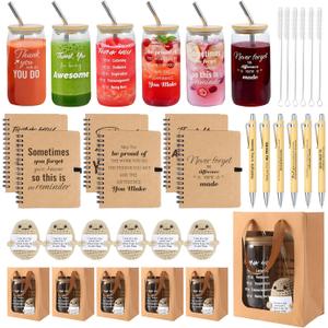 42 Pcs/6 Sets Employee Appreciation Gifts Bulk - Includes 16oz Glass Cups with Bamboo Lid, Positive Crochet, Kraft Paper Gift Bags & Straw - Thank You Gifts for Coworkers, Teachers, Staff & Team