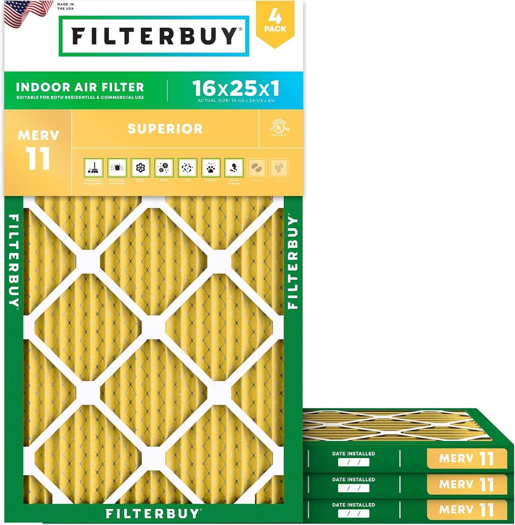 Filterbuy 16x25x1 Air Filter MERV 11 Superior Pet & Allergy Defense (4-Pack), Electrostatic Pleated HVAC AC Furnace Filters Replacement (Actual Size: 15.50 x 24.50 x 0.75)