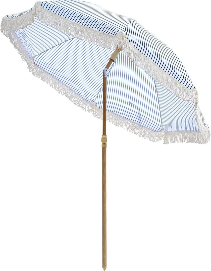 Patio Umbrella with UPF 50+ Protection, 8 Ribs, Push Button Tilt - Versatile Outdoor Shade for Garden, Courtyard, and Beach (Blue Pinstripe)