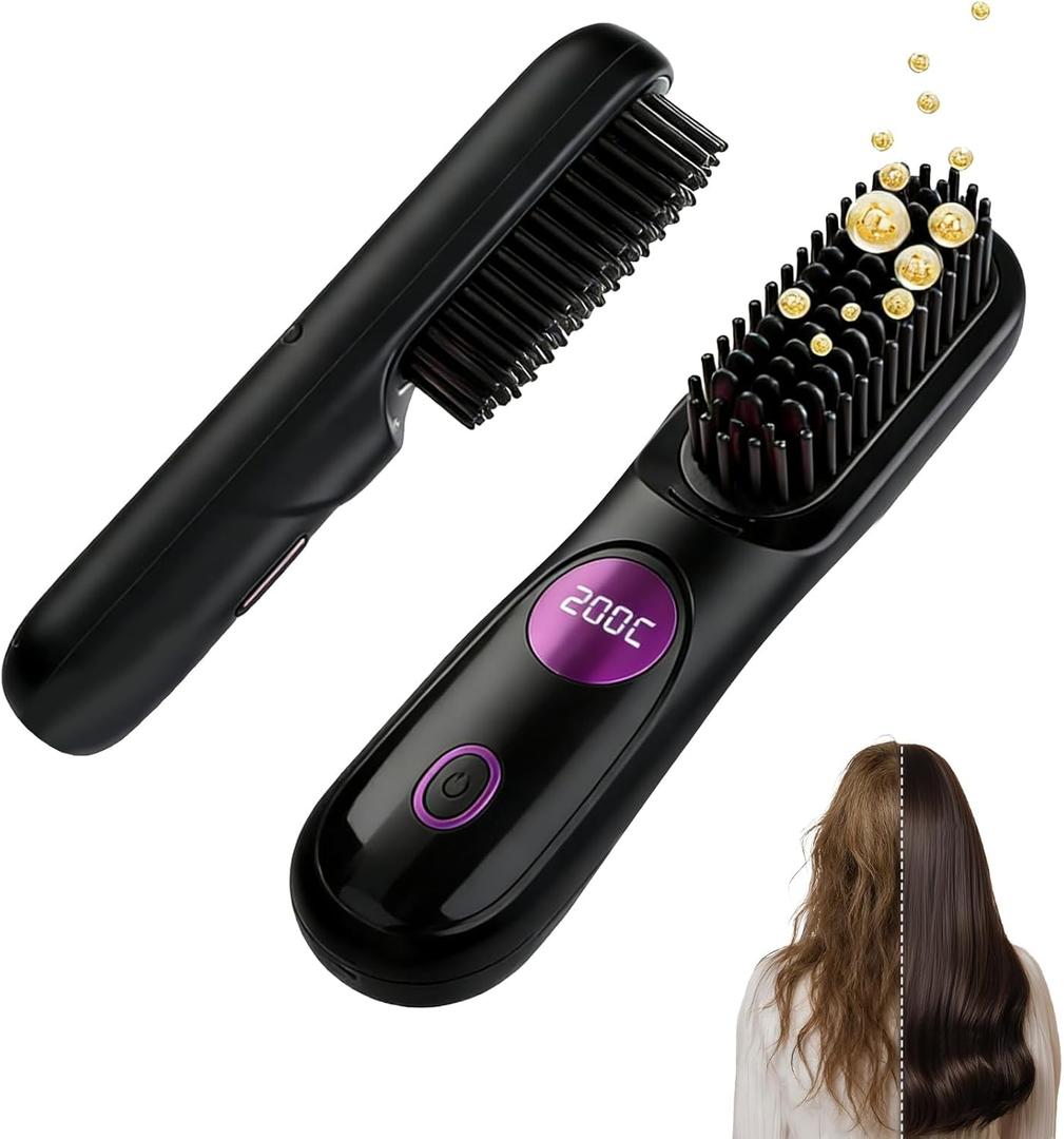 Go Brush Pro for Short Hair, 2026 Upgraded Hair Straightener Brush, Portable Cordless Straightener Brushs for Travel, Fast Heating Hair Straightener with LCD Temperature Display, Travel Gift (Black)