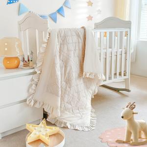 Wowelife Crib Bedding Set for Girls, 3PCs Boho Crib Comforter Set Beige, Ruffle Baby Bedding Set Nursery Bedding Sets for Baby Girls and Boys, Include Quilted Comforter, Crib Skirt and Sheet, Beige