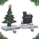 Christmas Stocking Holders for Mantle - Set of 2 Heavy Duty Cast Iron Stocking Hangers with Non-Slip Base | Exquisite 3D Xmas Tree, Cottage Mantel Hook for Fireplace Decoration Holiday Gifts