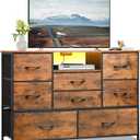 Dresser TV Stand with 8 Drawers, Dresser TV Stand with LED Lights & Power Outlets, Bedroom Dresser, Chest of Drawers for 55'' Long TV, Wide Fabric Dresser (Rustic Brown)