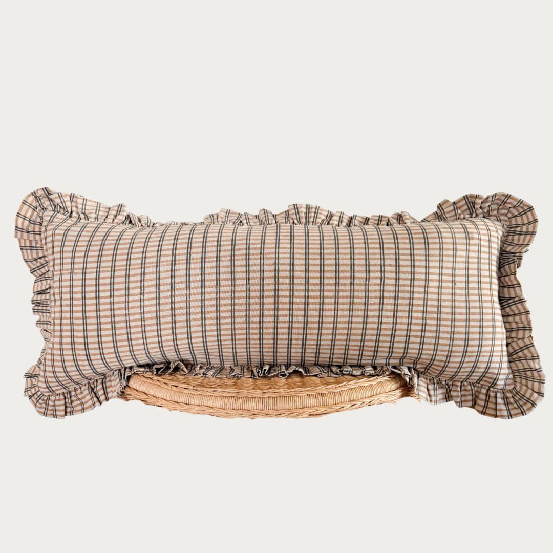 Palm & Loom 100% Cotton Linen - Long Lumbar Cushion Cover  Mitti Decorative Throw Pillow Case with Brown Check with Self Ruffle - Modern Traditional Living Room, Sofa, Bedroom Pillow Cover-14x36 Inch