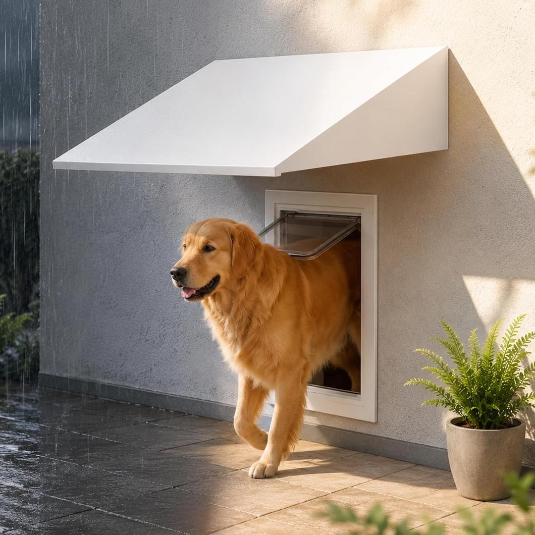 Pet Door Awning Canopy, 23.23 x 15.75 x 4.33 Inch Aluminum Outdoor Shelter, White Weather Protection Cover for Dog/ Cat Doors, Patio, Spa & Lawn Areas