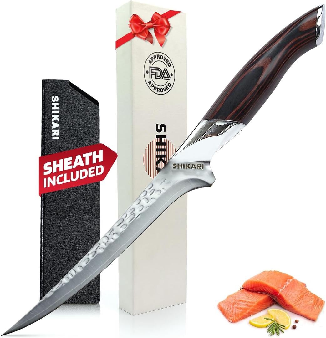 SHIKARI Filet Knife for Meat  7 Inch Japanese Boning Knife for Meat Cutting Full Tang VG10 Steel Blade with Hammer Damascus Pattern  Professional deboning knive  Ergonomic Pakkawood Handle