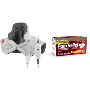 Sunbeam Neck Heating Pad & GoodSense Extra Strength 500mg Acetaminophen Caplets 50 Count Pain Relief Bundle (19 inches)