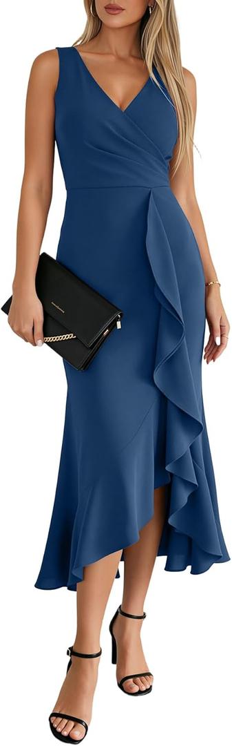 OWIN 2026 Women's Sexy V Neck Sleeveless Faux Wrap Ruched Midi Dress Ruffle Hem Cocktail Party Wedding Guest Bodycon Dress, Grey Blue Small