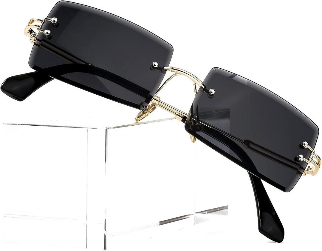 PORADAY Rectangle Sunglasses for Women Men Vintage Rimless Square Sun Glasses Candy Color (A1 Black)