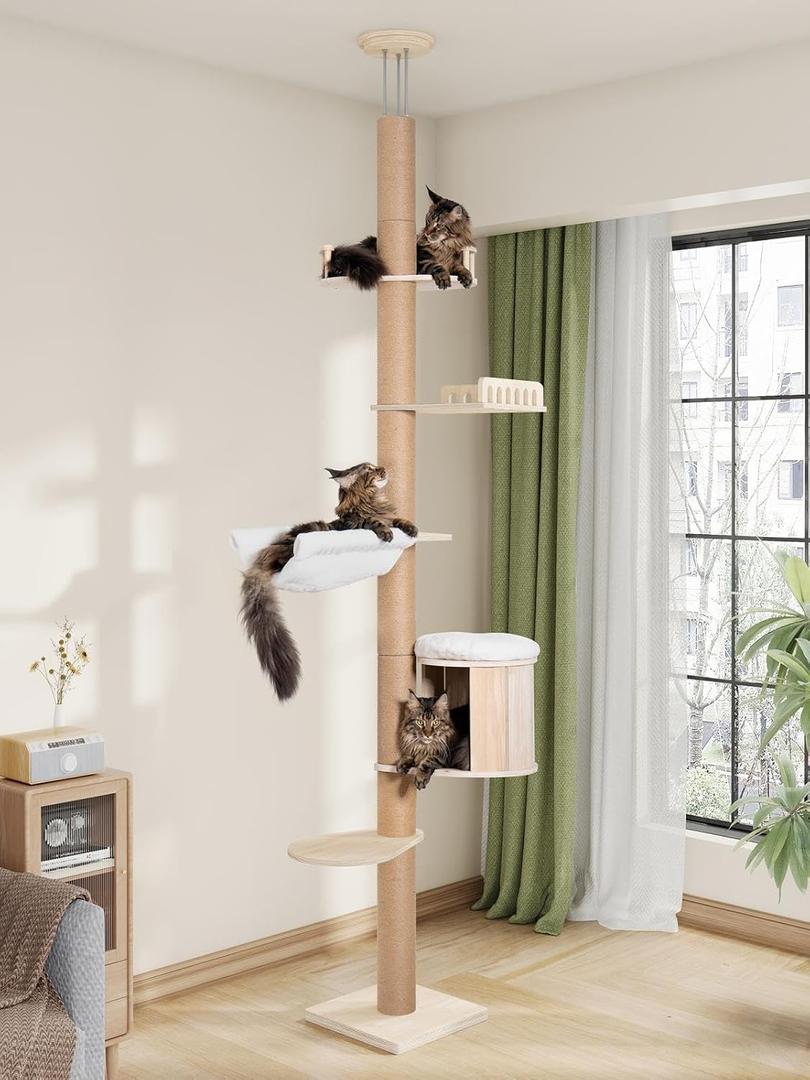 Aechonow Floor to Ceiling Cat Tree for Large Cats, Tall Cat Tower with Scratching Post, Adjustable Height(82-122 in), Large Condo Cave Bed Hammock for Indoor Cats, Wood