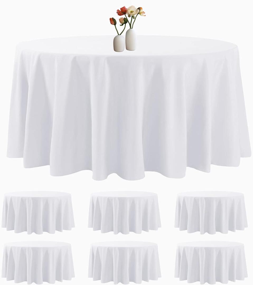 6 Pack Round Tablecloth 132 Inches White Table Cloth Stain and Wrinkle Resistant Washable Polyester Fabric Table Cover for Party, Wedding and Banquet Decoration