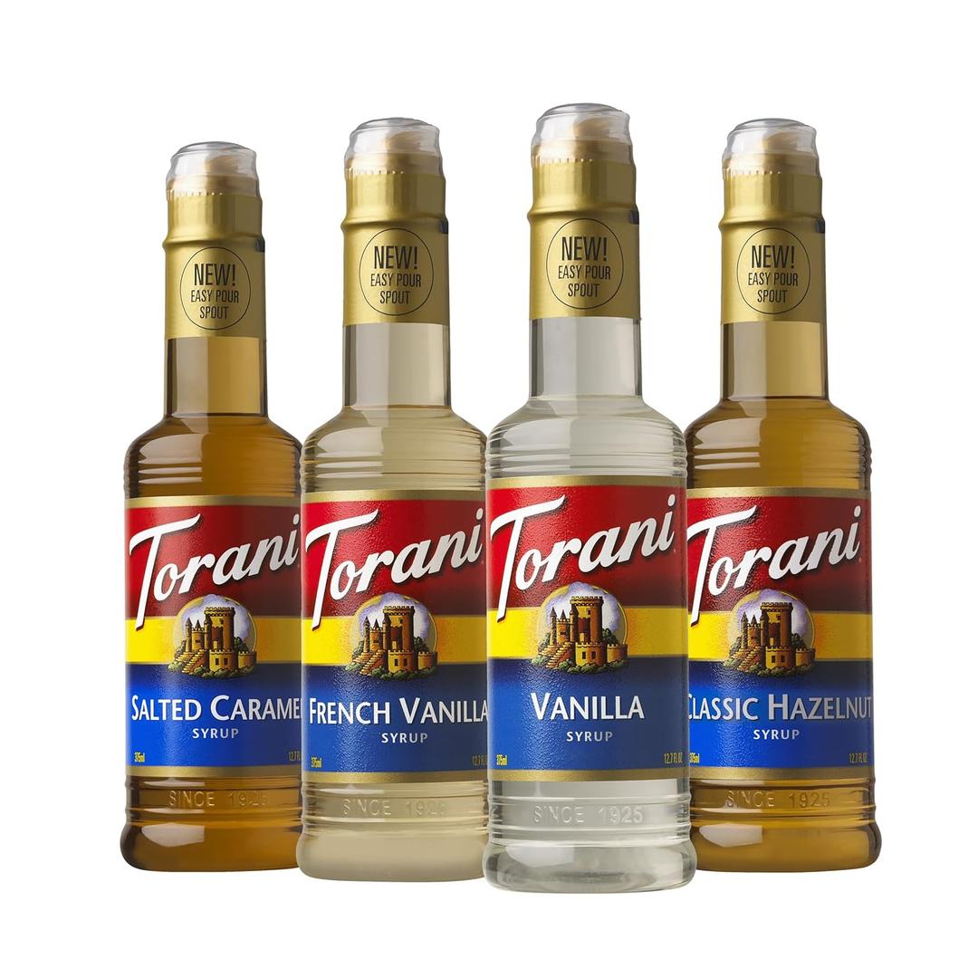Torani Flavored Drink Syrup Caf Variety Pack, Vanilla, Salted Caramel, Classic Hazelnut & French Vanilla, 12.7 fl oz (Set of 4) BB 5/8/27