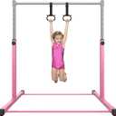 Safly Fun Gymnastics Bar for Kids Ages 3-15 for Home - Steady Steel Construction, Anti-Slip, Easy to Assemble, 3' to 5' Adjustable Height (Pink)