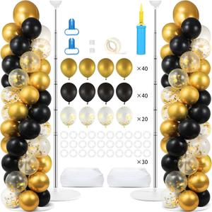 2 Sets Balloon Column Stand Kit with 100 Balloons Summer Adjustable Balloon Tower Stand with Bases for Floor Black Gold Balloon Arch Column for 50th Birthday Wedding Engaged Back to School Party Decor