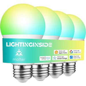 Lightinginside Matter Smart Light Bulbs Compatible with Alexa/ Siri/ Apple Home/ Google Home/ SmartThings, WiFi A19 E26 RGBCW Color Changing Light Bulb 800LM 9W 60W Equivalent, 2.4G WiFi, ETL Listed, 4PCS
