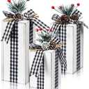 Amyhill 3 Pcs Christmas Wooden Gifts Box Decor Christmas Plaid Presents Table Centerpieces Rustic Wooden Gifts Tiered Tray Decor with Buffalo Plaid Bowknot for Xmas Party (White,Fashion)