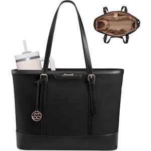 LOVEVOOK Work Tote Bag for Women 17.3 Inch Laptop Computer Bags with Cup Holder, Large Teacher Bag Briefcase for Business Office Travel Black, Nylon&PU