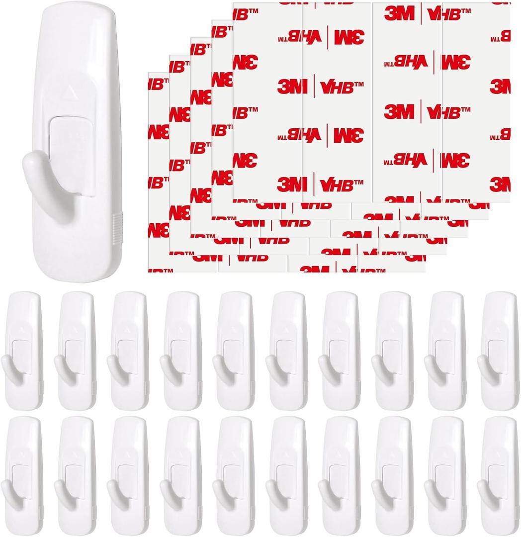 20 Medium Hooks for Hanging, Adhesive Wall Strips Hooks Heavy Duty, no Damage Sticky Utility with 24 Strips for Bathroom TowelCoatDoorKey