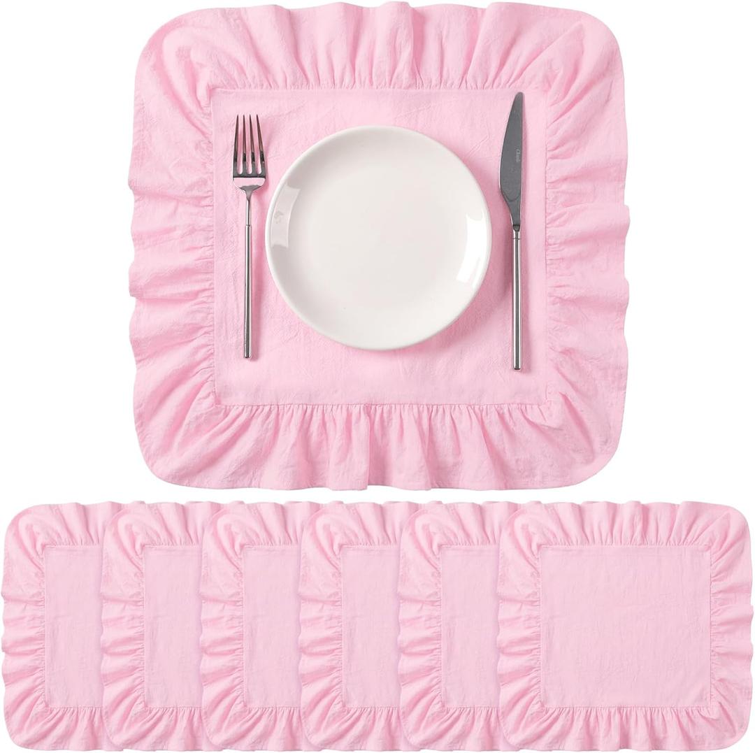Patelai Set of 6 Pink Ruffle Placemat 16 Inch Light Pink Cotton Fabric Tablemat Farmhouse Rustic Decorative Scalloped Washable Place Mat for Valentine's Wedding Holiday Party Kitchen Dining Table Decor