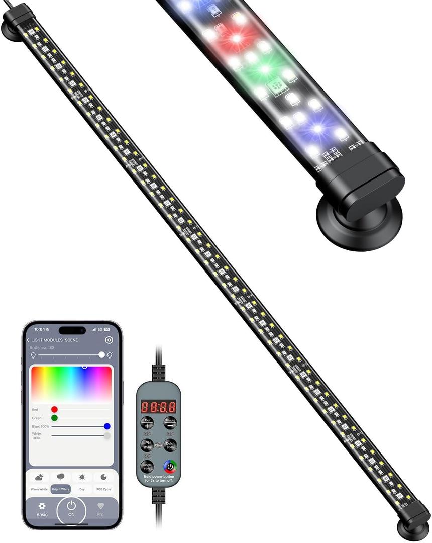 Pawfly Aquarium Light with Bluetooth for Plants, 14W 27.5 inch Full Spectrum Fish Tank Light for 28-51 inch Fish Tanks, Submersible LED Lights with App Control, Timer Modes & Adjustable Brightness