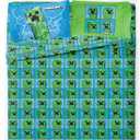 Jay Franco Kids Sheet Set with Fitted, Flat Sheets & Pillow Cover - Ultra-Soft Bedding with Pillowcase for Room Decor, Blue - Minecraft Creeper, 4 Piece Full