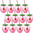 LemonRoad 12 Pcs 17 oz Strawberry Shaped Cups with Lids and Straws Reusable Cute Drinking Cups Strawberry Water Bottles for Hawaiian Summer Party