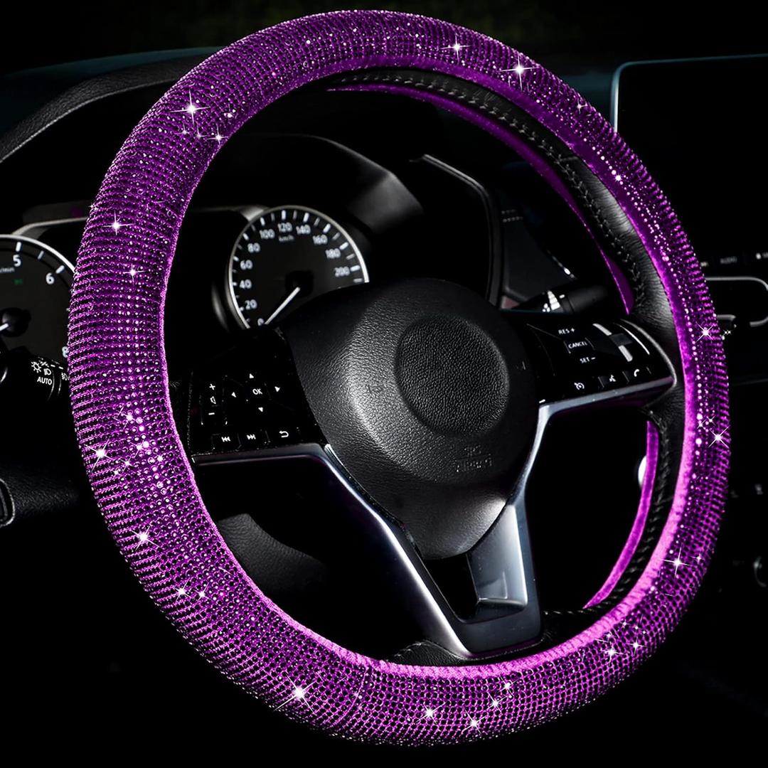 Frienda Bling Car Steering Wheel Cover Women Crystal Diamond Steering Wheel Cover Soft Velvet Rhinestones Protector Anti Slip Lining for Diverse Vehicle Car SUV Auto and More 15 Inch(Purple)