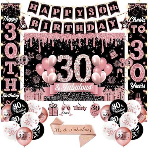 30th Birthday Decorations for Women, 58Pcs Happy 30th Birthday Party Supplies, LED Lights Happy 30th Bday Banner Set, Balloons, Numbers, Sash & Backdrop for 30 Year Old Decorations for Her, Rose Gold