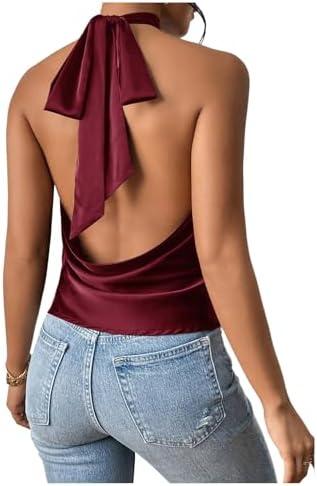 MakeMeChic Women's Halter Tops Satin Silk Backless Sleeveless Camisole Party Club Sexy Going Out Top, L/XL