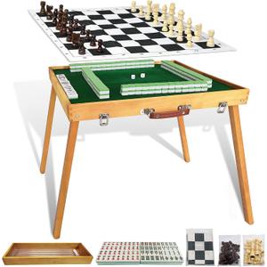 Foldable Mahjong Table with Mahjong Tiles Set,2026 Upgraded Portable Majong Table with 144pcs Tiles,1x Storage Box, 1x Storage Bag and 4 All in One Racks and Pushers,1xchess Pieces[麻将套装], 19.3x19.3x16.2 inches