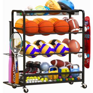 Basketball Hoop,Wheeled Sports Ball Storage Rack,Double-Row Basketball Hoop Holds 16+ Balls,Ball Storage Rack with Baseball Bat Holder and Hooks,Stores Basketballs,Soccer Balls,Footballs,etc.-Black