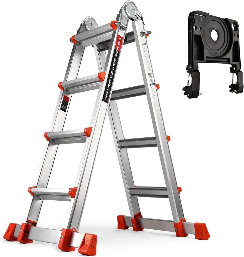 Soctone Ladder, A Frame 4 Step Extension Ladder, 14.5 Ft with Multi Position & Removable Tool Tray with Stabilizer Bar, 330 lbs Weight Rating Telescoping Ladder for Household or Outdoor Work