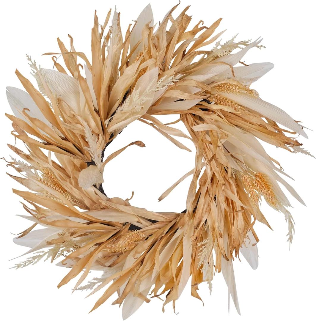 Fall Corn Husk & Wheat Wreath for Front Door 24 Inch, Farmhouse Style Rustic & Minimalist Autumn Wreath, Fall Harvest Decor for Home Porch Door Wall Indoor/Outdoor