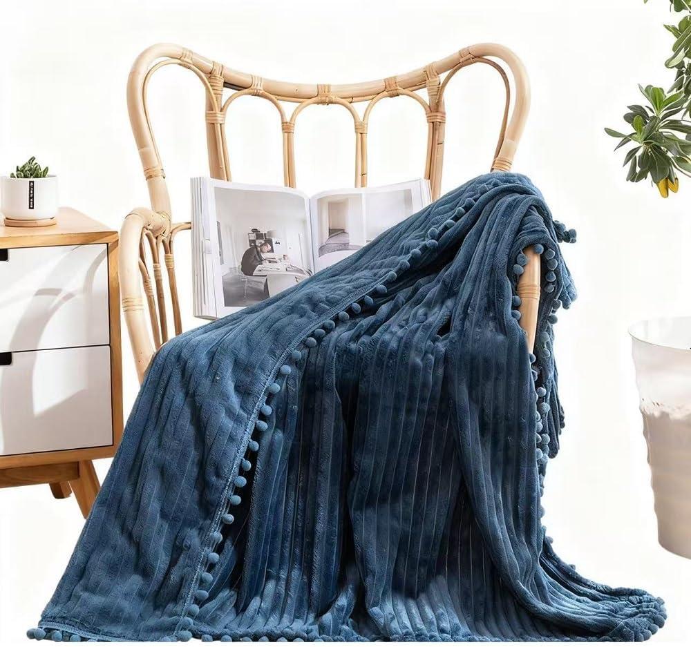 DISSA Fleece Blanket Throw Size  51x63, Blue  Soft, Plush, Fluffy, Fuzzy, Warm, Cozy  Perfect Throw for Couch, Bed, Sofa - with Pompom Fringe - Flannel Blanket Throw Blanket