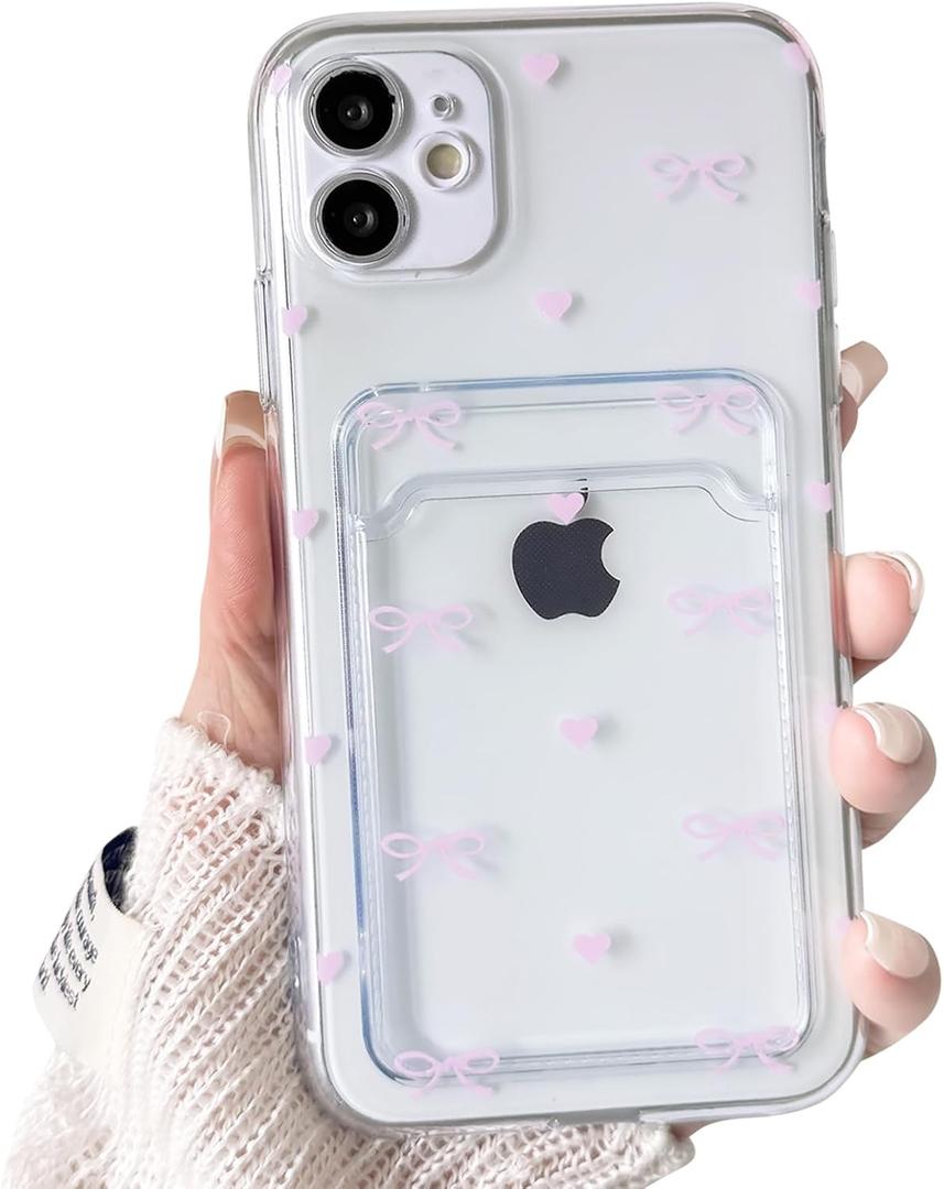 NITITOP Compatible with iPhone 11 Case Clear with Card Holder Cute Bow Knot Love Heart Design for Women Girls Soft TPU Shockproof Wallet Case Protective Phone Cover - Pink