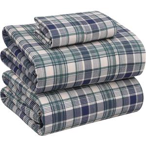 RUVANTI 100% Cotton Sheets  Twin XL Size Percale Bedding, Cooling & Breathable Floral Design, Durable with a Crisp, Soft & Comfortable Feel, 16" Deep Pocket, 3-Piece Set, Greenish Blue Plaid