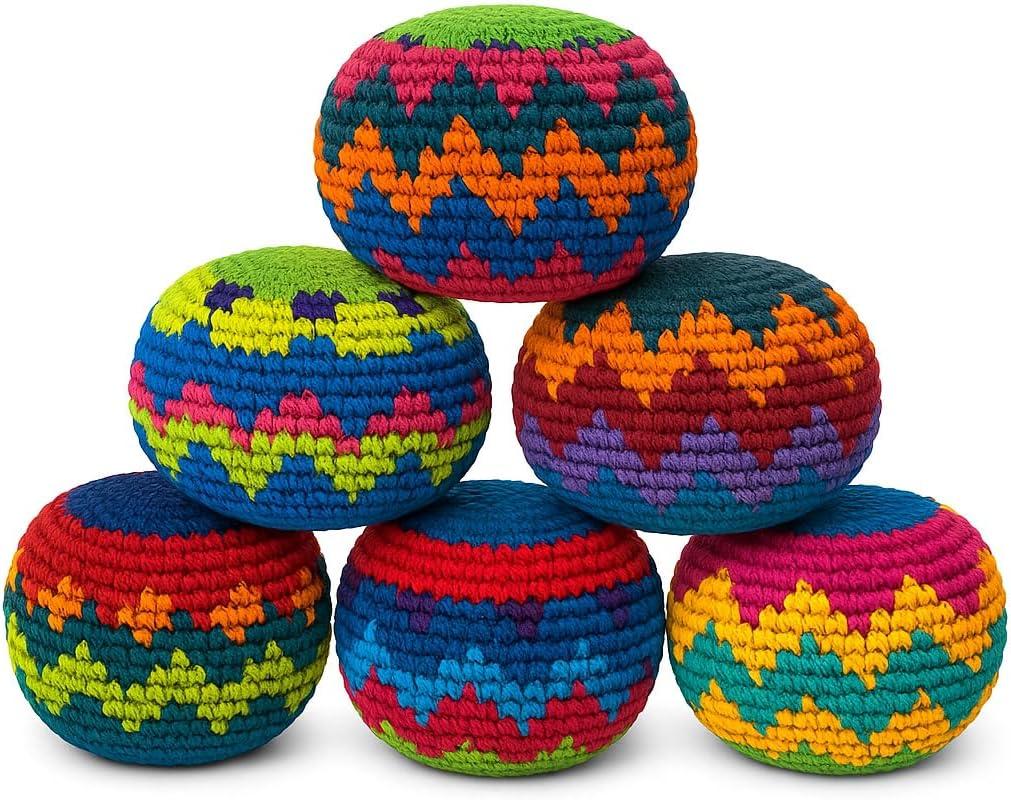 Funny Guy Mugs Hacky Kick Ball Sacks, Multicolored Crochet Assorted Geometric Pattern Hacky Ball, Foot Bag Kick Sack, Indoor and Outdoor Toys for Kids and Adults, Set of 6 (6 Count (Pack of 1))