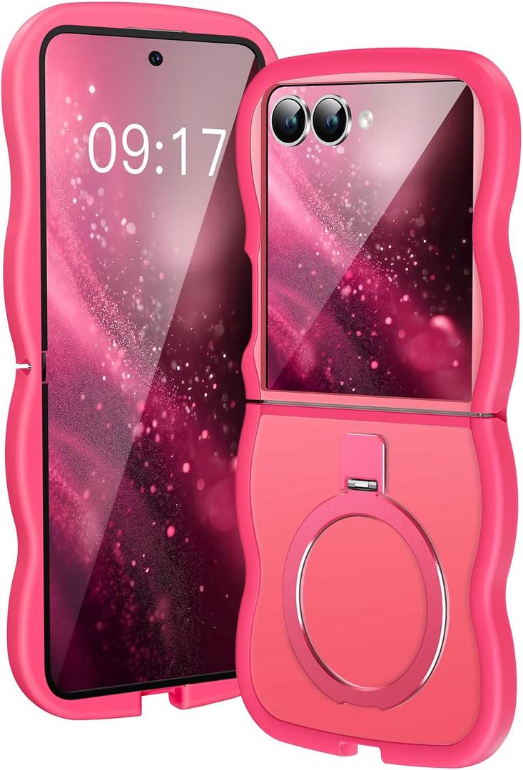 [Magnetic Stand & Wave Frame] Case for Samsung Galaxy Z Flip 7 [Fit for MagSafe] [Military Drop Protective] Not Yellowing Translucent Z Flip 7 Phone Ring Cover for Women Men 6.9" Hot Pink
