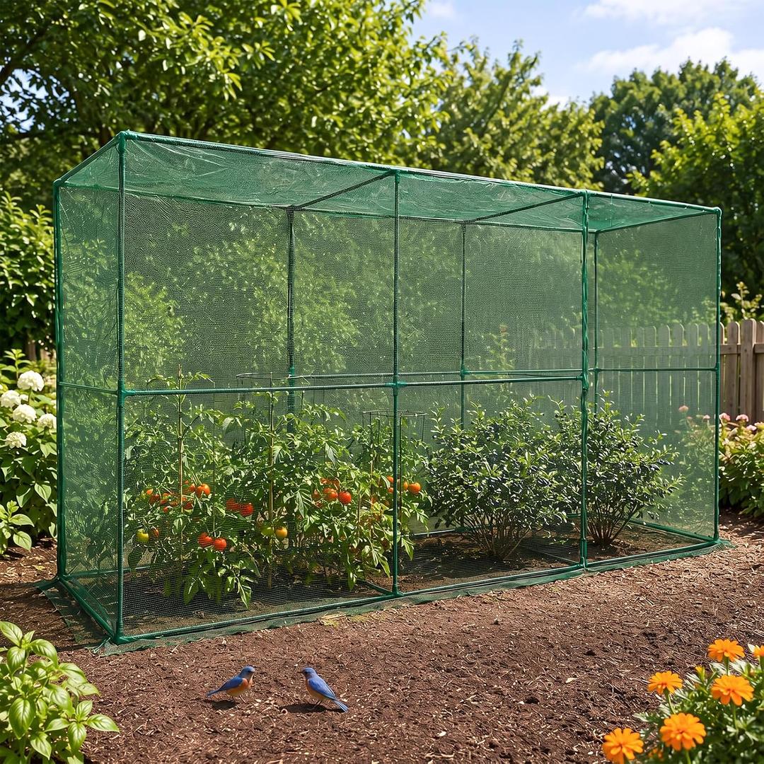 Aoodor 12x4x6 FT Crop Cage for Garden, Heavy-Duty Steel Frame Plant Protection Tent with Zippered Door and Green Mesh Netting, Raised Garden Bed Cover