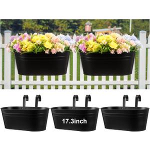 Honeydak 3 Pcs 17.3 Inch Large Metal Iron Hanging Flower Pots Outdoor Rail Planter with Detachable Hooks and Drainage Holes Deck Railing Fence Flower Buckets Plant Holder for Home Window Decor(Black)