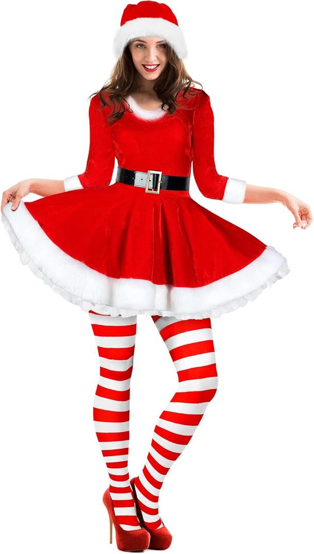 Geyoga Women's Santa Claus Costume Set Velvet Dress with Belt Women's Xmas Striped Tights Santa Hat Set Dress Cosplay (Red, Large