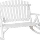 Outsunny Outdoor Wooden Rocking Chair, Double-Person Rustic Adirondack Rocker with Slatted Seat, High Backrest, Armrests for Patio, Garden and Porch, White