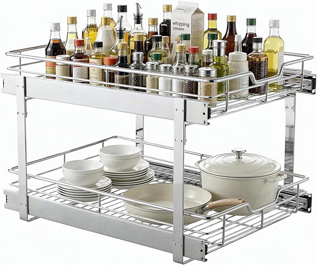 2 Tier Pull Out Cabinet Organizer 15"W x 22"D, Heavy Duty Slide Out Drawers for Base Cabinets, Electroplated Stainless Steel Pull-out Shelves for Kitchen Bathroom Pantry, Under Cabinet Sliding Rack