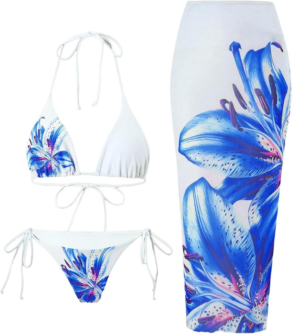 ZAFUL Womens 3pcs Swimsuit Floral Halter Triangle Bikini Top Tie Side Bottom with Long Sheer Cover Up Skirt (L)