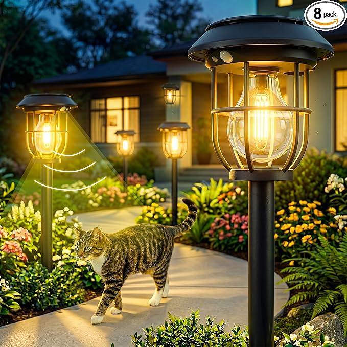 8 Pack Solar Pathway Lights with Motion Sensor, 300LM Waterproof Outdoor Solar Lights, 3 Modes Landscape Lighting for Garden Backyard Path Driveway, Wall Mount and Hanging (Warm)