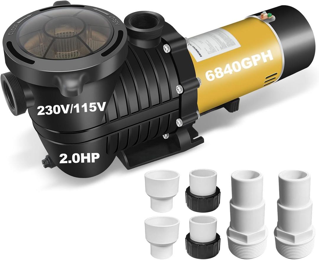 Can be Hardwired Pool Pump, 2.0HP Dual Voltage 115/230V In/Above Ground Pool Pump, 6840GPH Self-priming Swimming Pool Water Circulation Pumps with 1.25" & 1.5“ NPT Unions