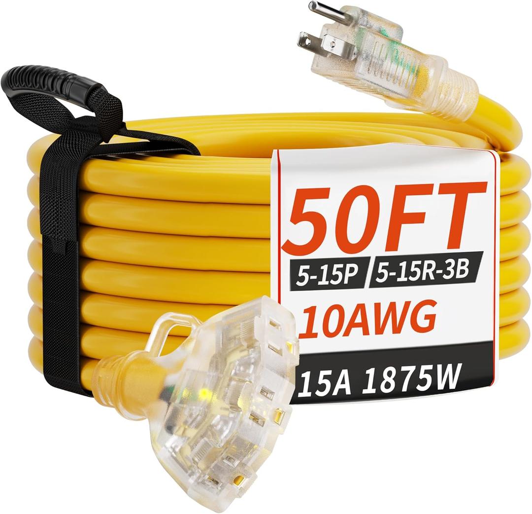 PlugSaf 50 FT 10 Gauge Outdoor Extension Cord with Multiple Outlets Light Indicator, Flexible 3 Outlet Weatherproof Heavy Duty Extension Cord Waterproof Yellow, 15A 1875W 10AWG SJTW, ETL Listed