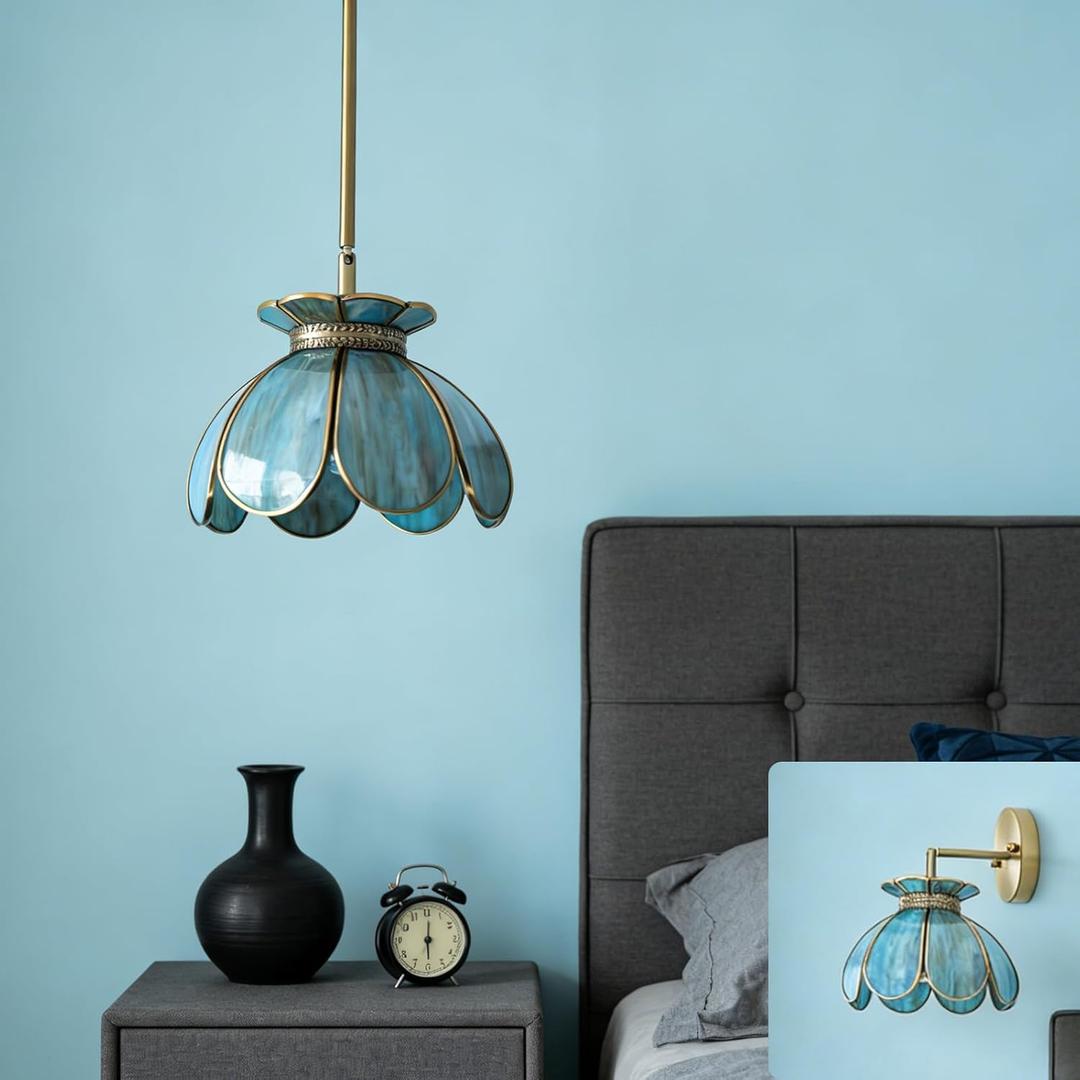 Vintage Brass Ceiling Pendant Light with Stained Lotus Flower Blue Glass Shade,Oriental Hanging Lamp or Wall Sconces Dual-Purpose, for Kitchen Island Dining Room Bedroom Living Room-7.9" Shade (Green)